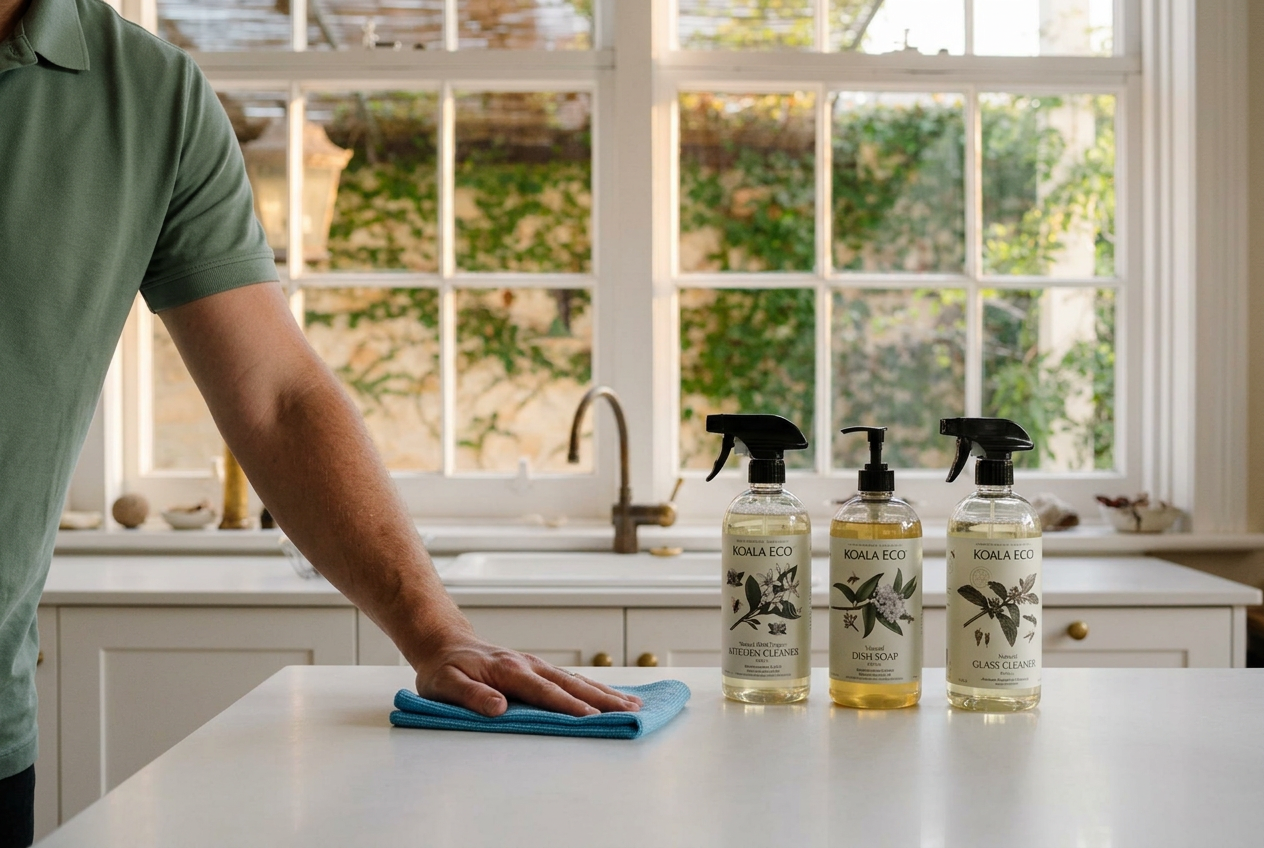 Aussie Got It cleaner wiping kitchen counter with blue microfiber cloth alongside Koala Eco natural dish soap, glass cleaner, and kitchen cleaner bottles in a bright minimalist Las Vegas home