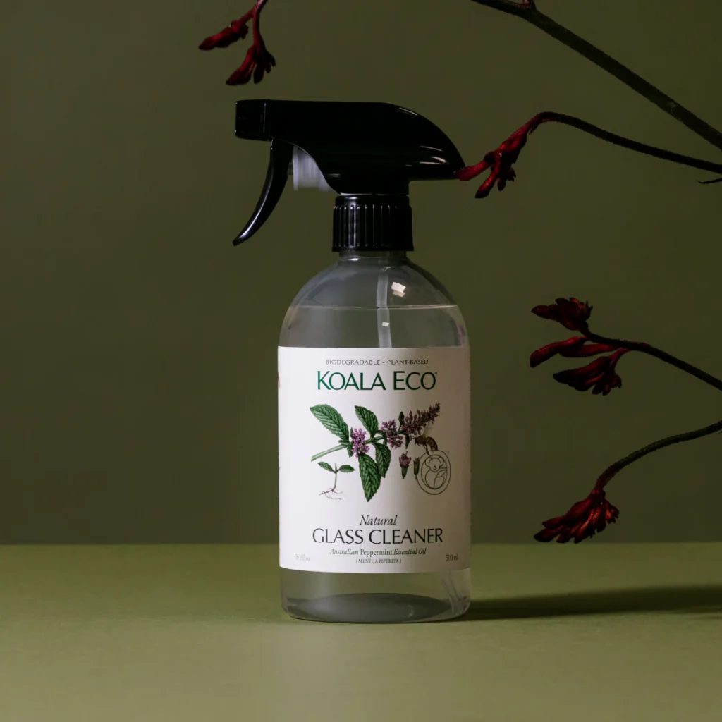 Koala Eco Natural Glass Cleaner with Australian Peppermint Essential Oil in a 500ml spray bottle against a sage green background with red botanical branches